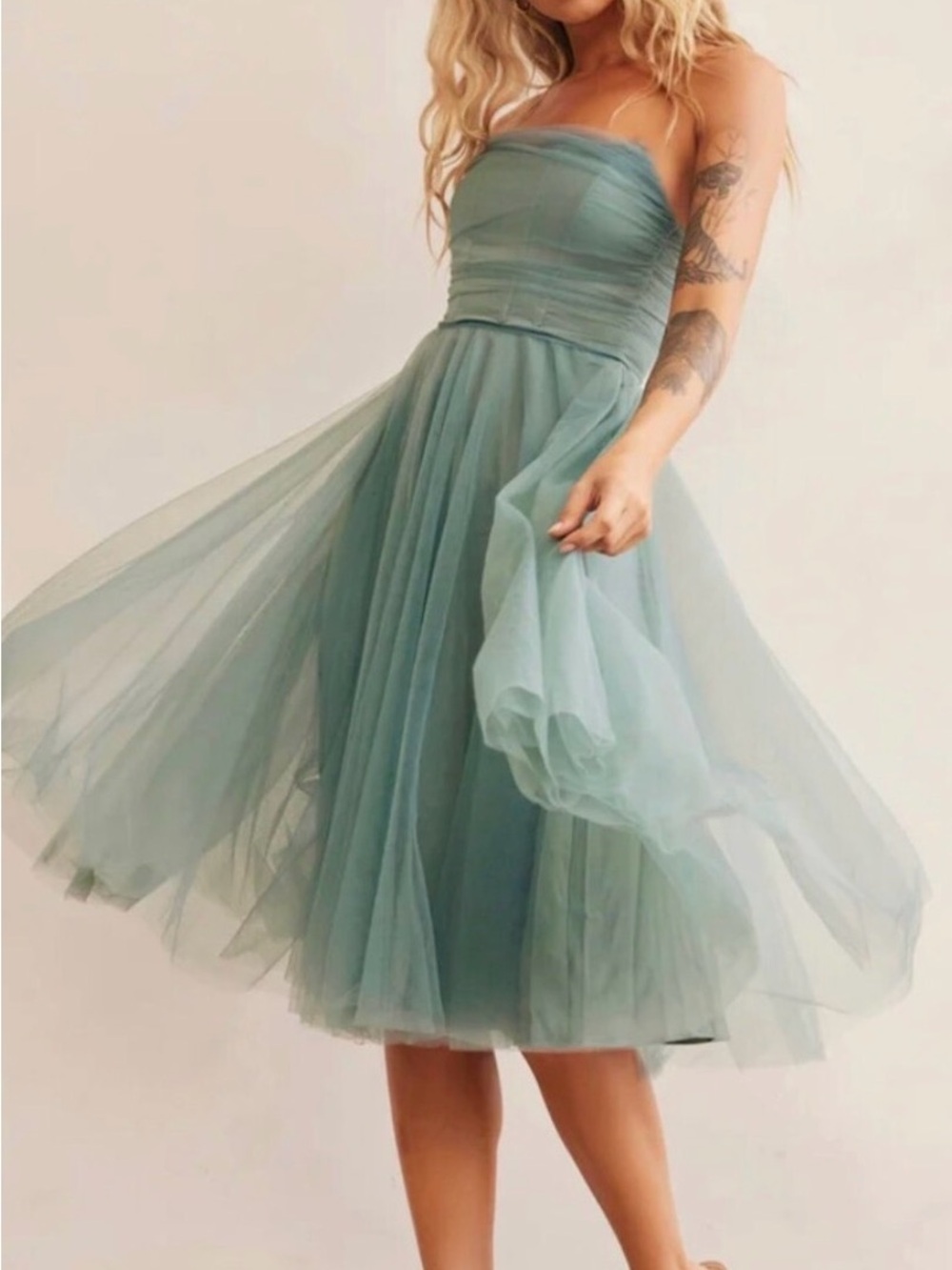 Strapless Midi Tulle Dress in Sage Green